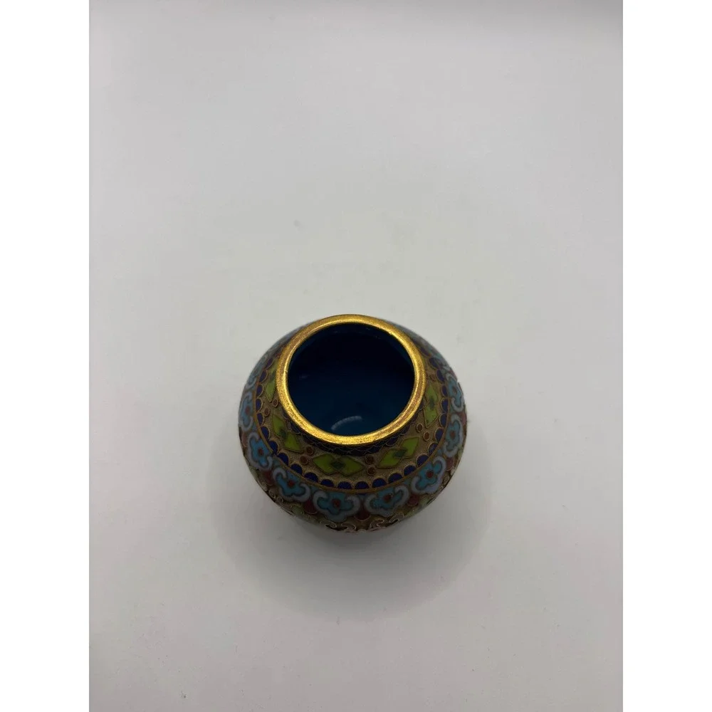 Vintage Cloisonne Enamel Miniature Vase Floral Blue Gold Tone Asian Decorative